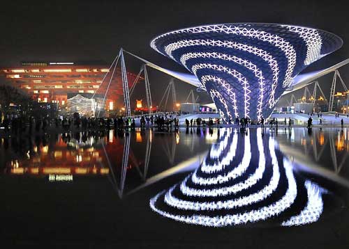 Neon light highlights night view of Expo site