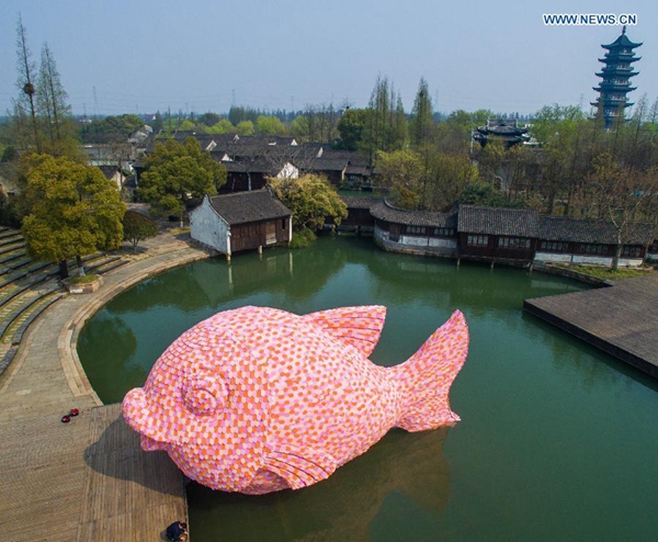 Pink fish makes a splash in ancient town