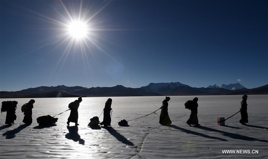 Annual migration of herds of sheep across world's highest lakes