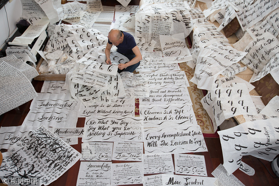 Man who loves writing English words with brush pen