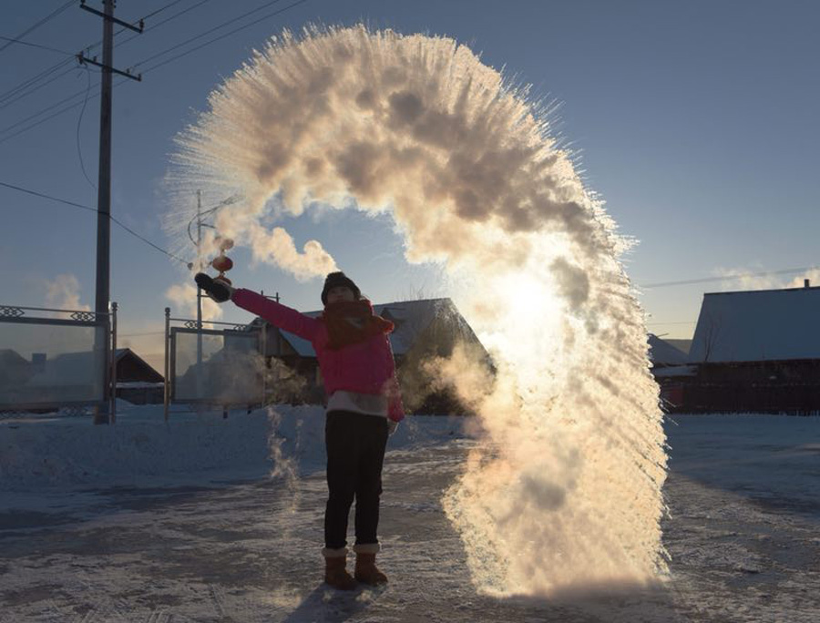 Winter in northernmost China - so cold, even hot water freezes fast