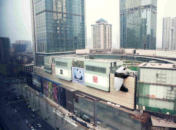 Giant panda scales Chengdu mall