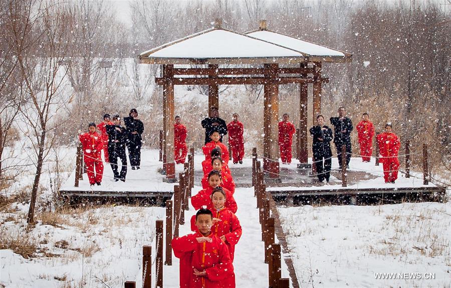 People practice tai chi in N China's Inner Mongolia