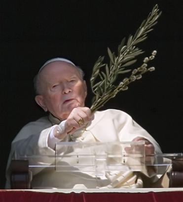 Pope John Paul (news - web sites) II waves an olive branch as he appears at the window of his studio overlooking St. Peter's Square at the Vatican (news - web sites) at the end of a solemn ceremony to mark the Roman Catholic's Palm Sunday, March 20, 2005. (AP Photo/Domenico Stinellis) 