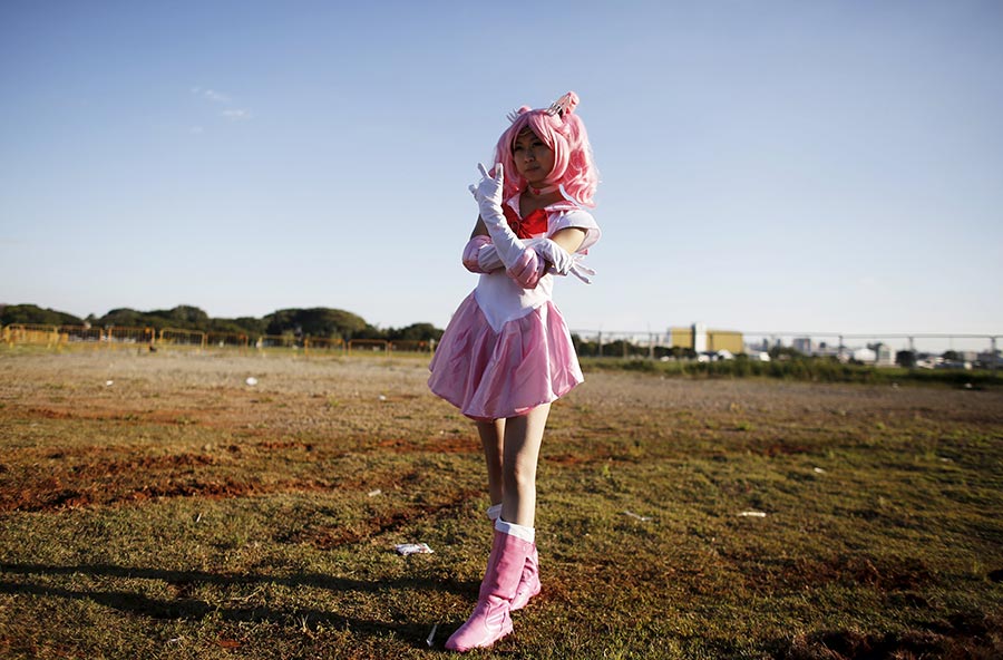 Cosplay enthusiasts pose during 'Anime Friends' in Brazil