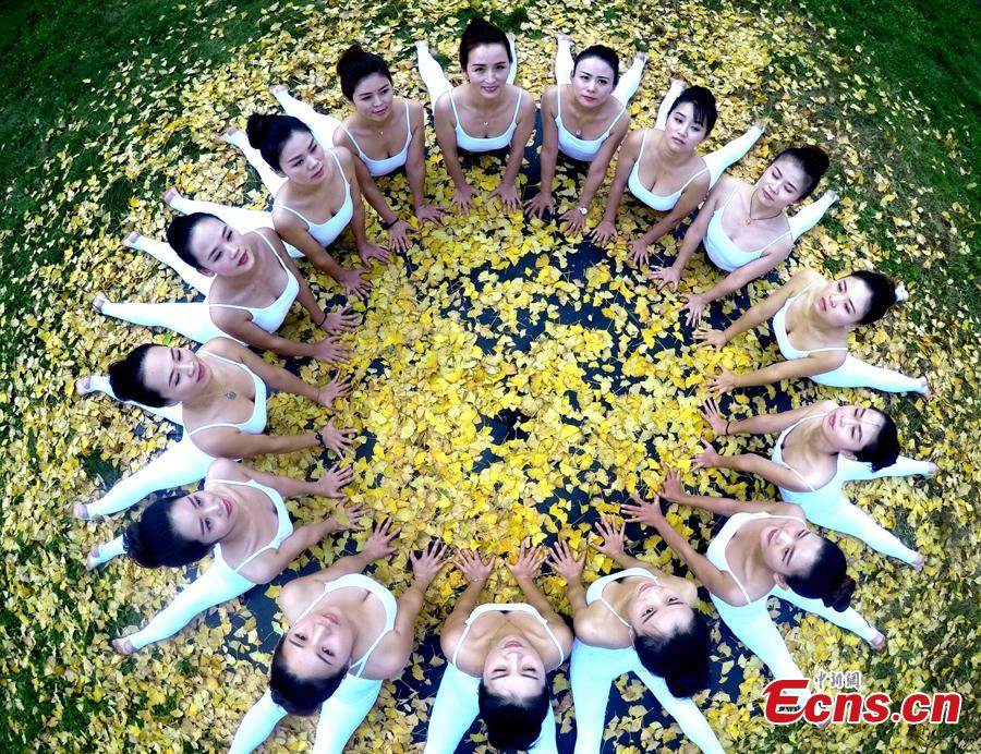 Yoga lovers practice in golden autumn