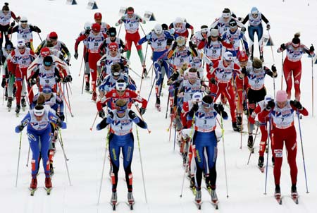 Athletes start the cross country women's 30km classical mass start competition of the Nordic World Championships in Sapporo, northern Japan March 3, 2007.