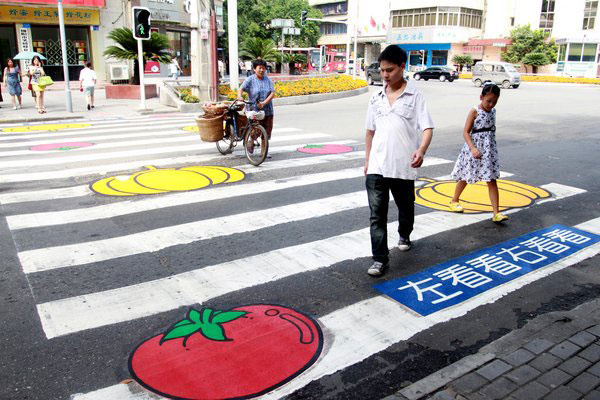 Bright colors help students cross safely