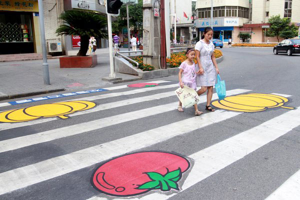 Bright colors help students cross safely