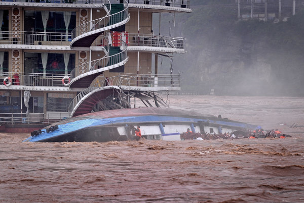 Dining ship swept by rushing river