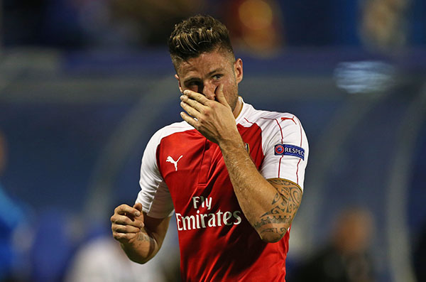 Giroud sees red as impressive Dinamo down Arsenal