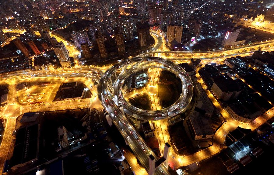 Aerial view of illuminated buildings in Shanghai