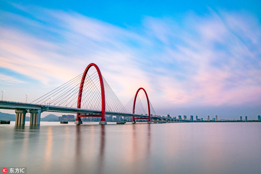 Overpass bridges in Hangzhou light up at night