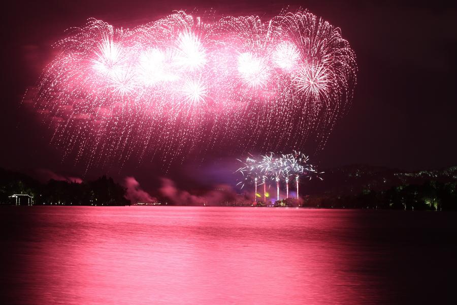 Fireworks light up sky over West Lake in Hangzhou