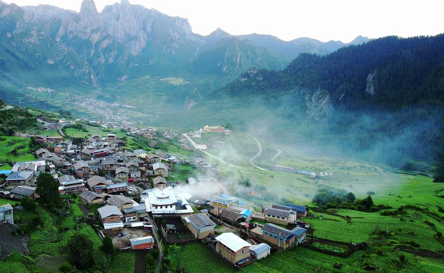 Scenery of Zhagana mountains featuring Tibetan-style villages