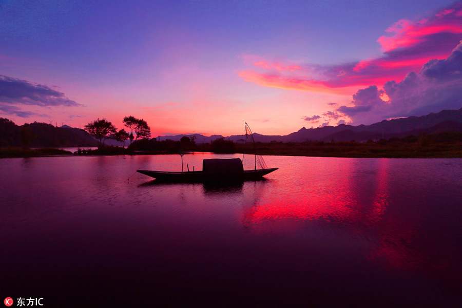 Beautiful Zhejiang village under colorful sunset glow