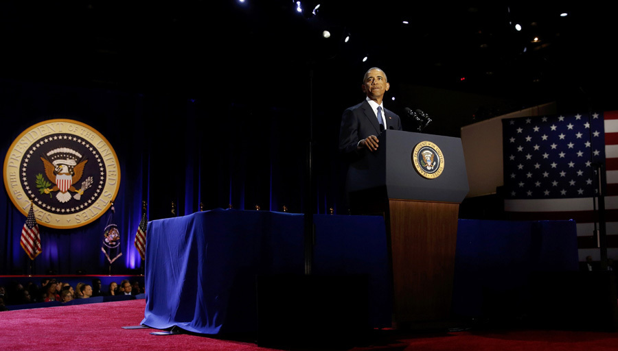 In final address, Obama touts values and prods Trump